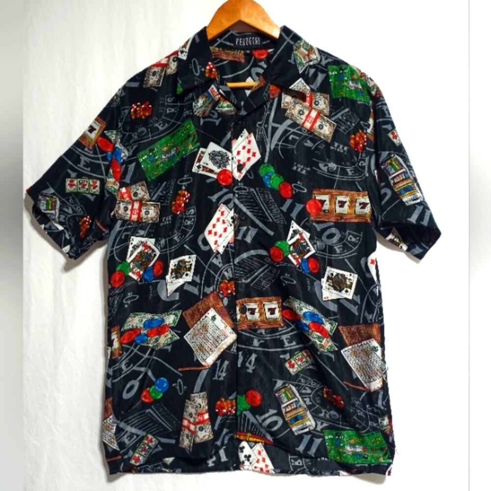Ferugini Gambling Casino Short Sleeve Button Up Shirt Black And Red Size Medium